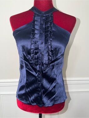 VTG Bebe Y2K Silk Ruffle Halter Top Navy Blue Satin Corset Back Smocked Medium